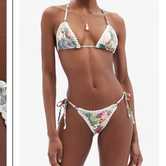 Zimmermann Other - Zimmermann Floral Crochet-Trim Triangle Bikini in White, Green, Pink